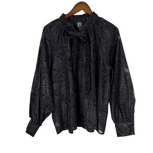 Worthington Woman's Blouse Size XL Black Tie‎ Whimsigoth Sheer Sparkle Floral